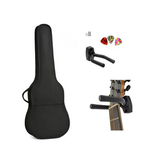 Kit Capa para Violão Folk Nylon Preta com Alças Tipo Mochila e Fecho em Zíper + Suporte de Parede Ajustável Palhetas
