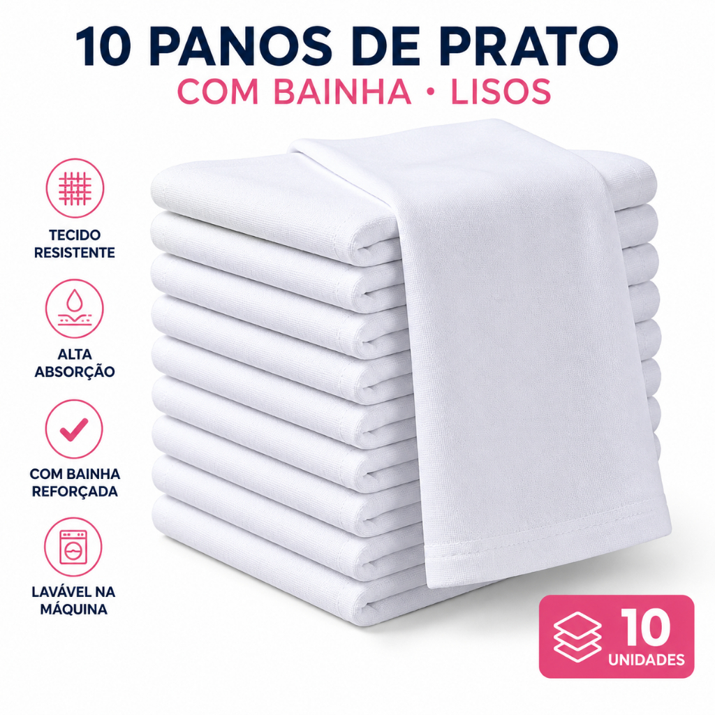 Kit 10 Panos de Prato Algodão Bainha Tamanho ideal 40cm x 70cm Alta Absorção para Cozinha | Kit 5 e Avulso