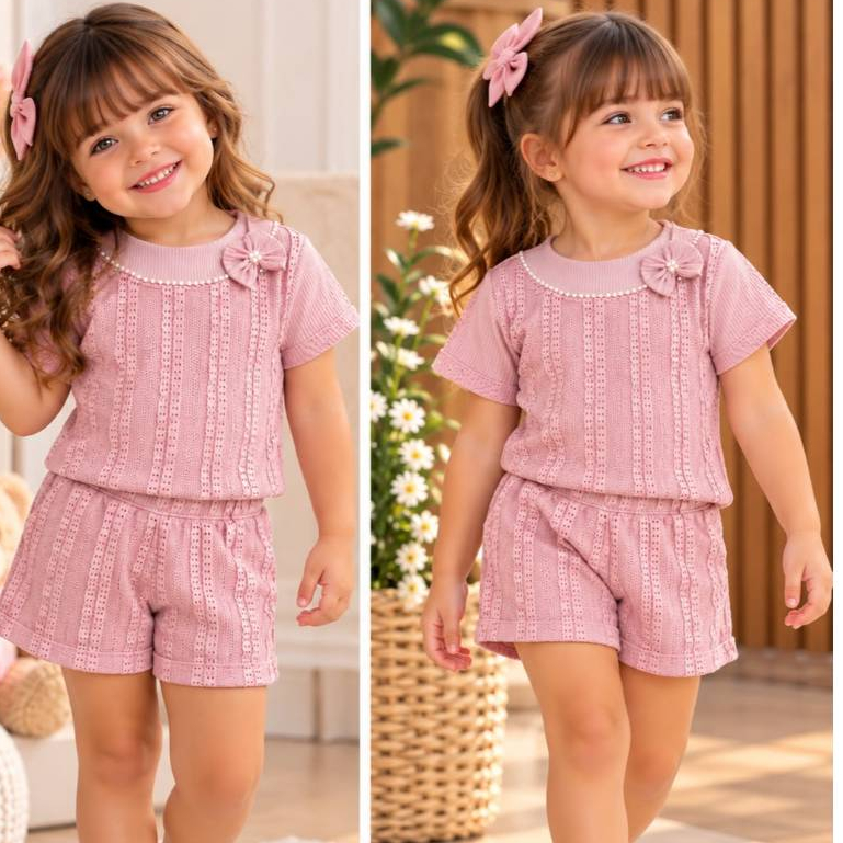 Conjunto Infantil Feminino Para Menina Tecido texturizado Verao Tam 1/3 REF1652