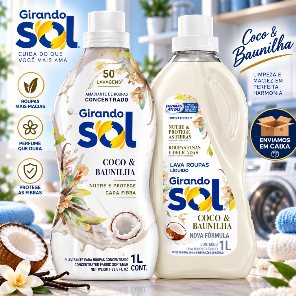 Kit Lava Roupas Líquido + Amaciante Concentrado Coco Baunilha - Girando Sol -Perfume Duradouro para Roupas