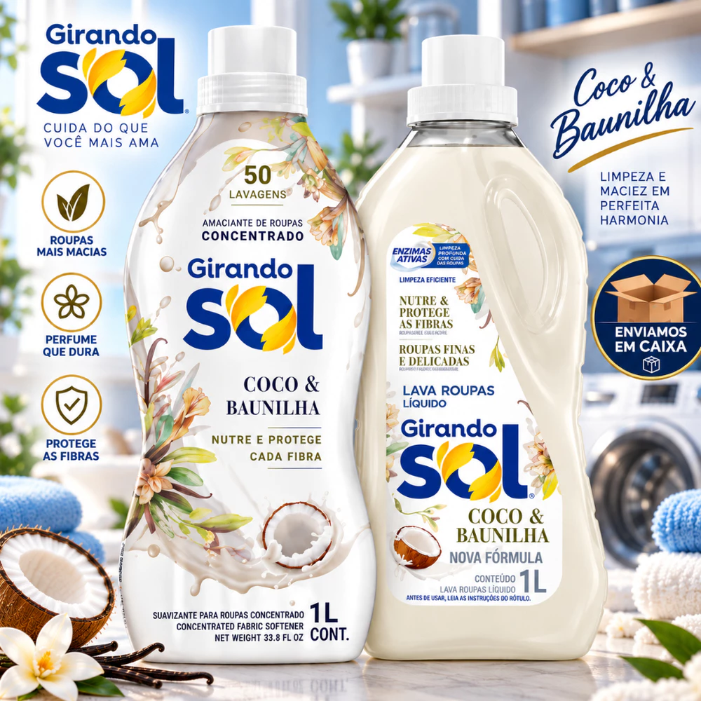 Kit Lava Roupas Líquido + Amaciante Concentrado Coco Baunilha - Girando Sol -Perfume Duradouro para Roupas