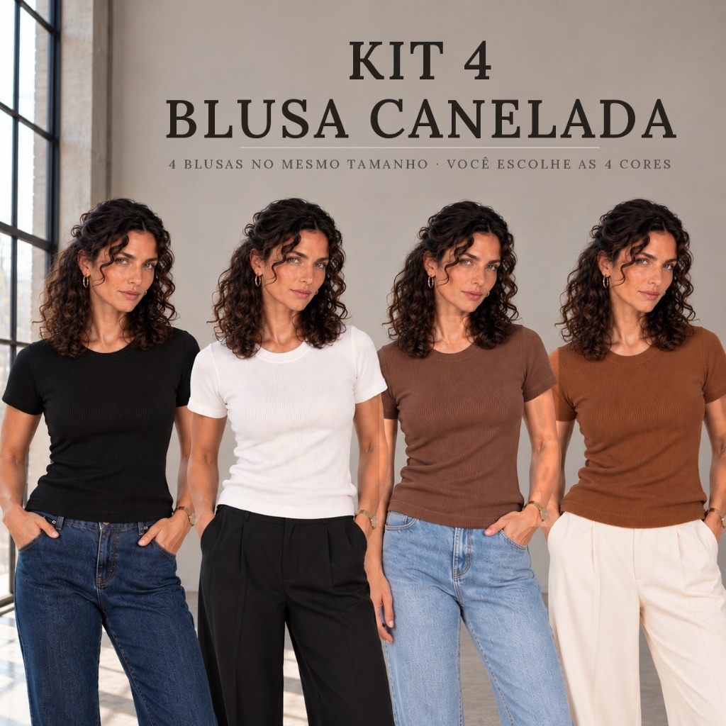 Kit 4 Blusas Caneladas Femininas Manga Curta Gola Redonda Justa Blusinha Canelada Algodão com Elastano