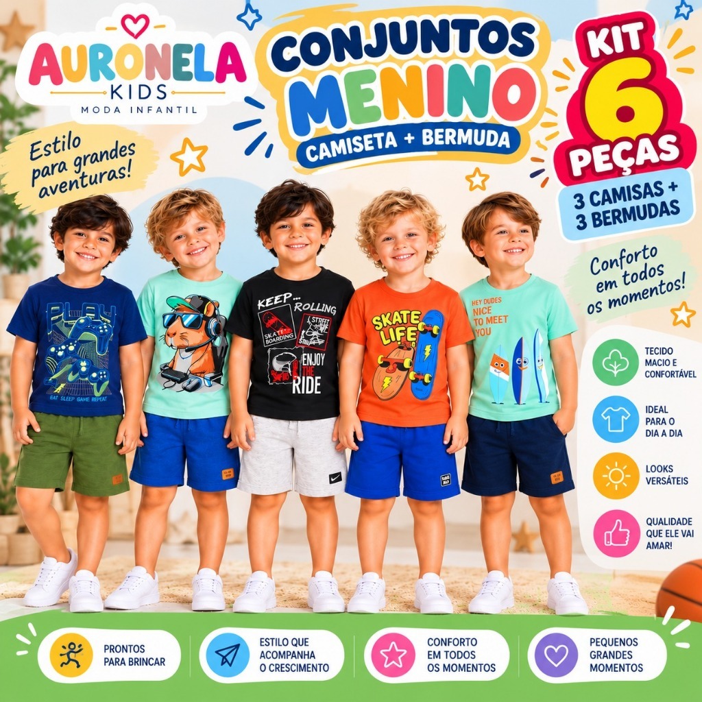 KIT 6 PEÇAS MENINO VERÃO 3 CAMISETAS E 3 BERMUDAS MODA JUVENIL