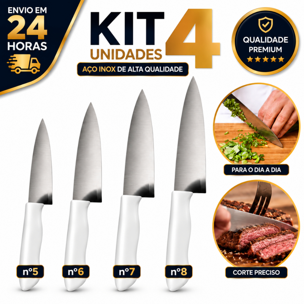 Kit 4 Faca Peixeira Em Inox Cabo Branco 5 6 7 e 8 Para Legumes Carnes Frutas Vegetais Cozinha Utensílio Inox