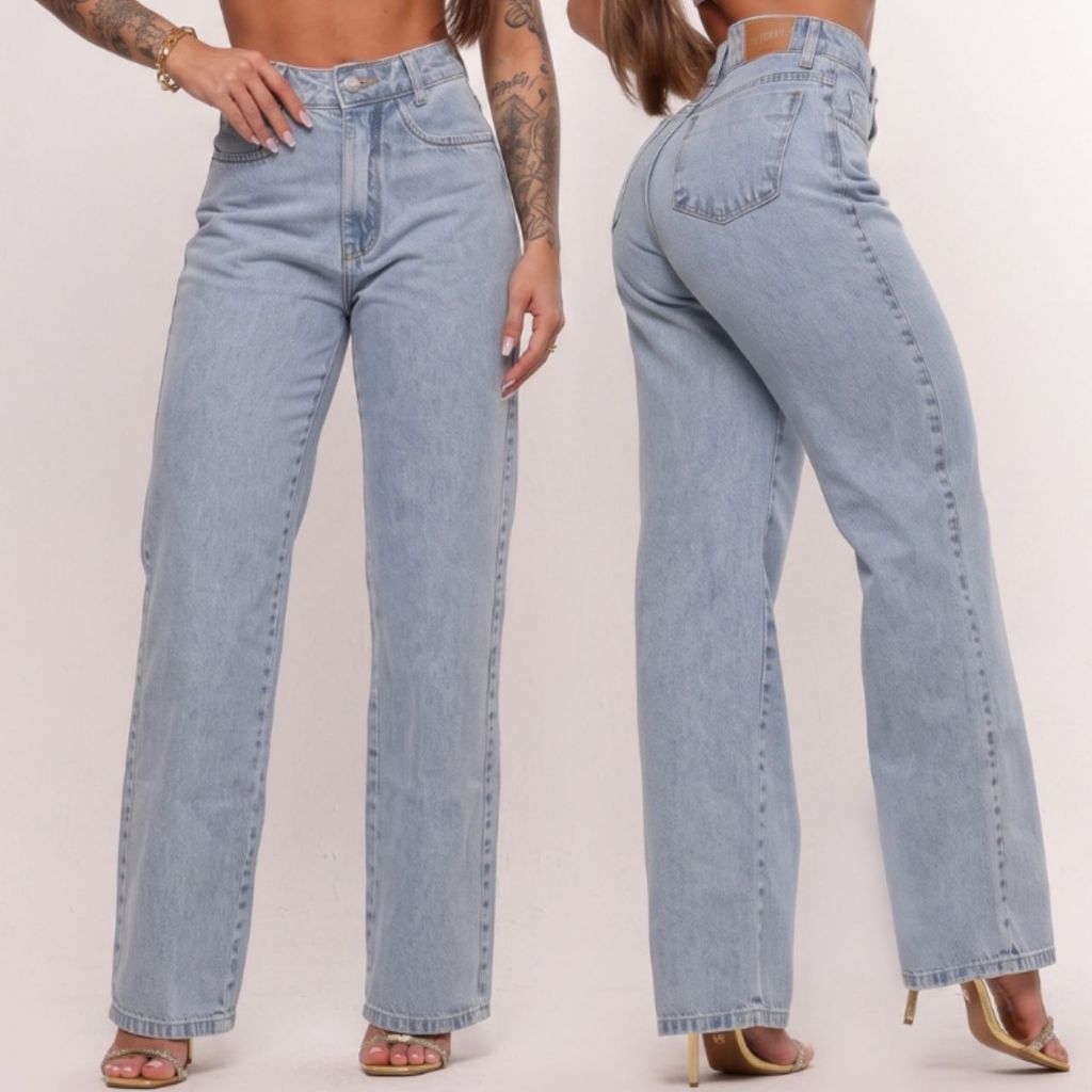 Calça Jeans Wide Leg Feminina Pantalona Sem Lycra 100% Algodão Premium Cintura Alta Empina Bumbum Marmorizada