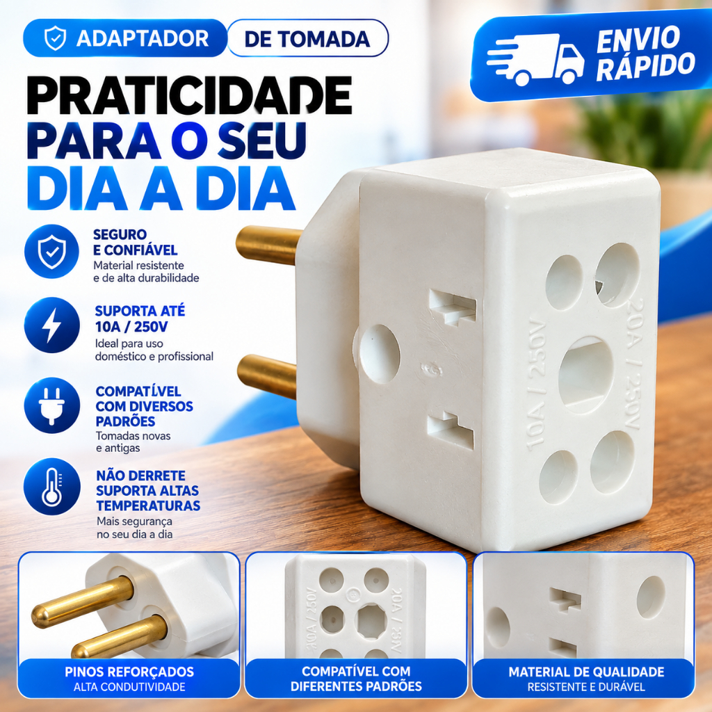 Adaptador de Tomada c/Benjamin 20A Pino Maciço Bob Resistente