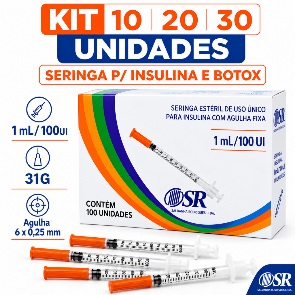 Seringa P/ Insulina e Botox 1ml 100UI Agulha 6x0,25 31G Sr 10 a 30 Un