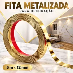 Fita Metalizada Decorativa Dourada Autoadesiva 5m x 12mm Decoração de Parede Móveis Acabamento