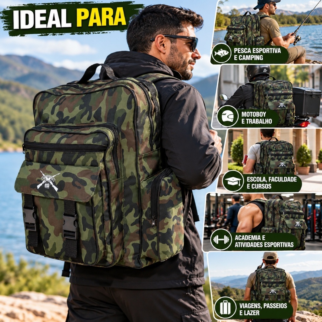 Mochila Camuflada Grande Resistente Pesca Motoboy Escola Academia Trabalho Esportiva