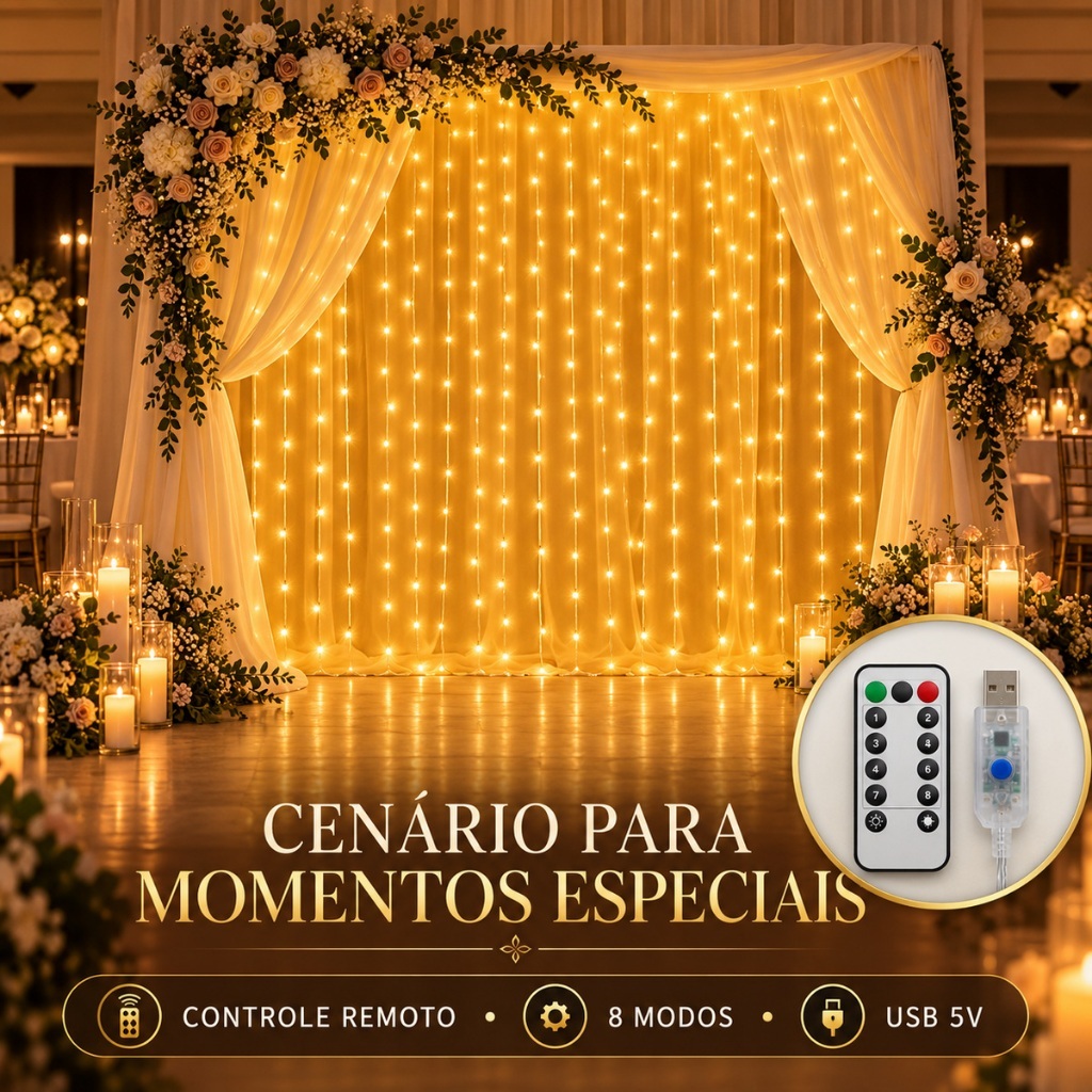 Pisca Cortina 300 Leds 3x3m USB IP44 8 Modos Iluminação Luzes Fada Decoração De Natal Festa LuvinCo — imagem 2 de 2