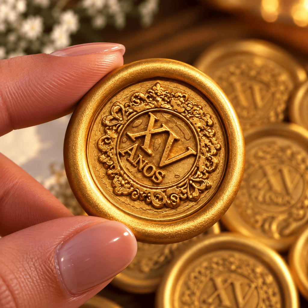 Lacre de Cera 15 Anos Dourado para Convite Debutante Kit 10 a 50un Selo de Cera Adesivo XV Anos Lembrancinha