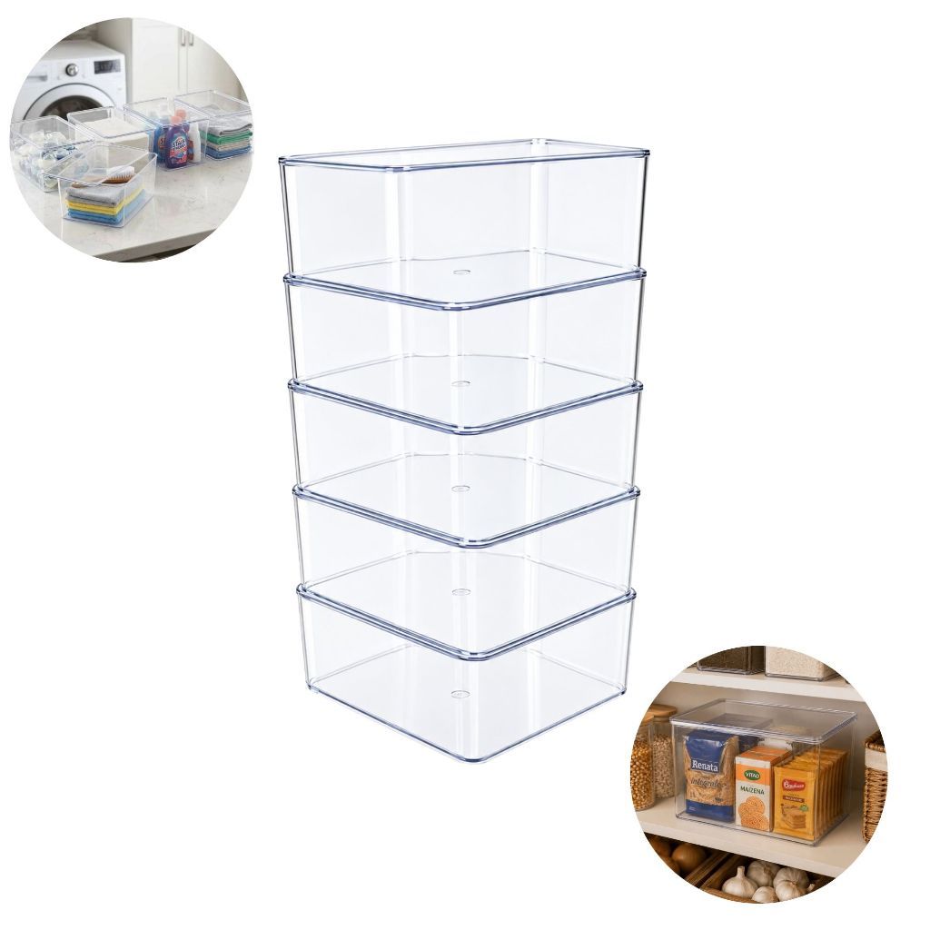 Kit 5 Caixas Organizadoras de Acrílico Transparente com Tampa Empilháveis Multiuso