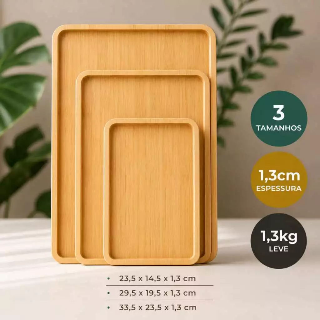 Kit 3 Bandejas De MDF tipo Bambu Retangular Para Cozinha Servir Café da Manhã Decorar Conjunto Moderna e Elegante