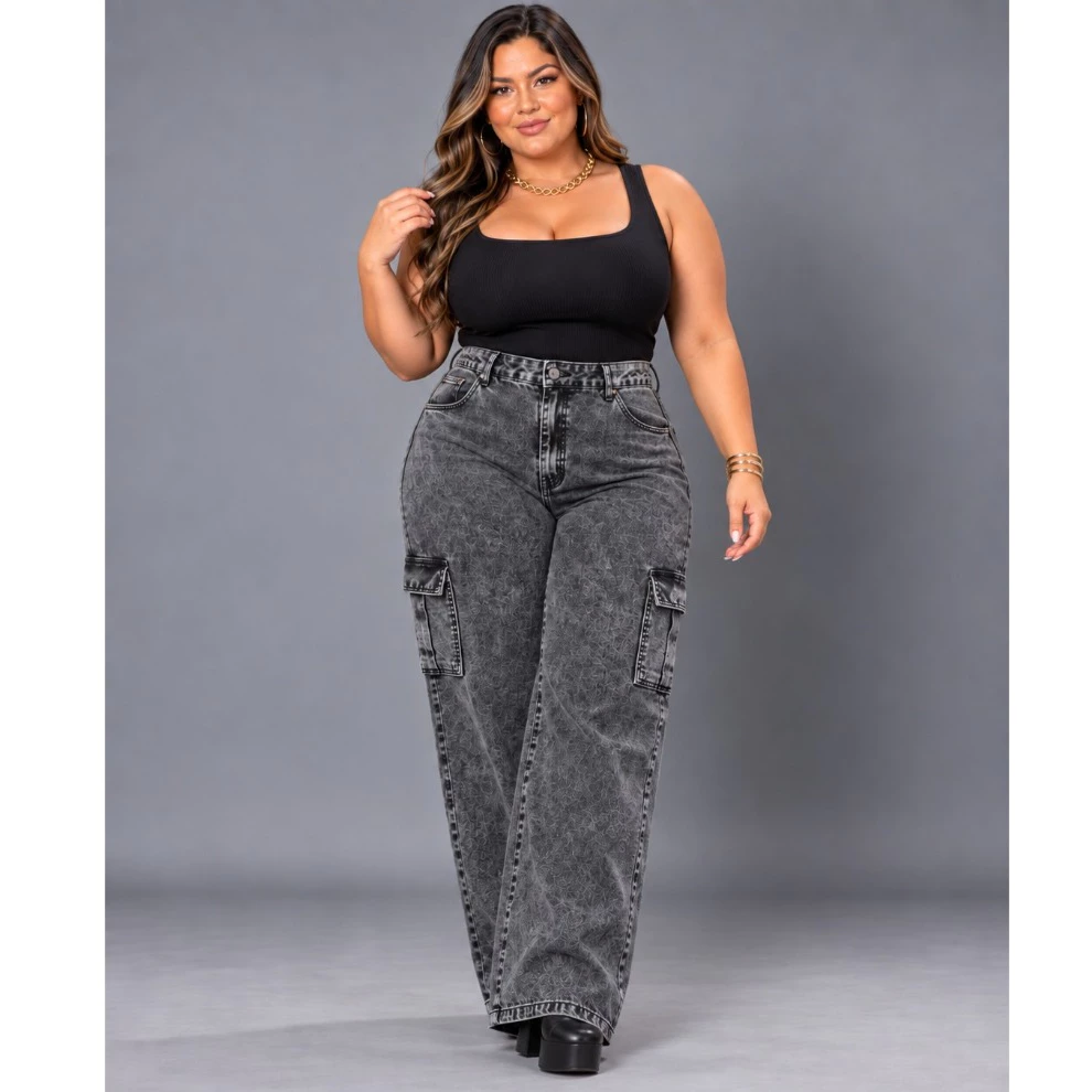 Calça Jeans Plus Size Feminina Wide Leg Cargo Premium Sem Lycra