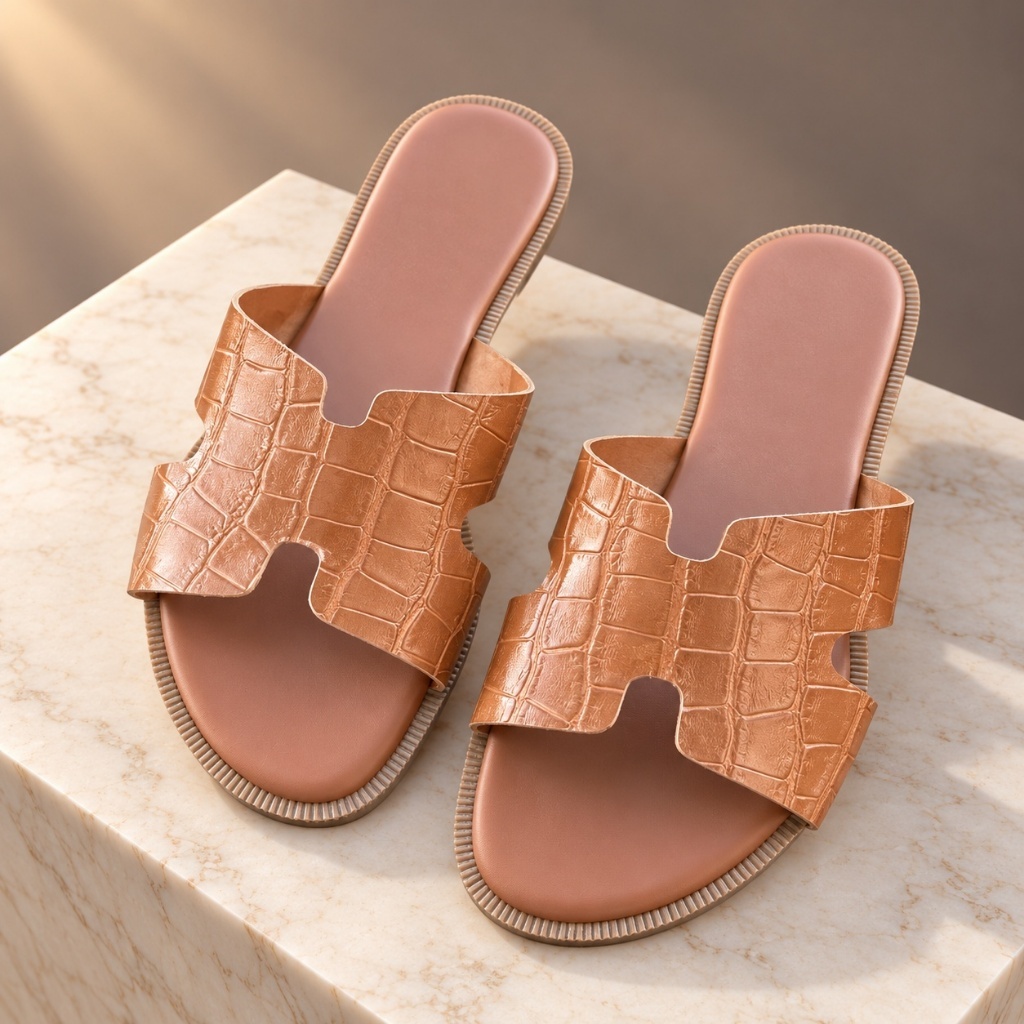 Sandália Rasteira H Feminina Croco Metalizada Confortável Casual Elegante Dia a Dia