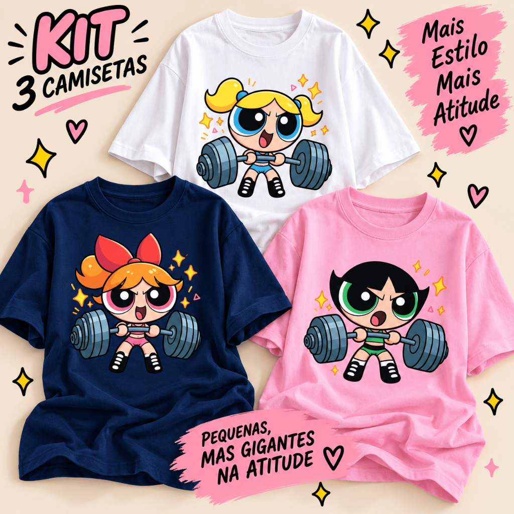 Kit 3 ou 2 Camisetas Femininas Meninas Super Poderosas Blusão Academia Fitness Treino Docinho Lindinha Florzinha T-Shirt
