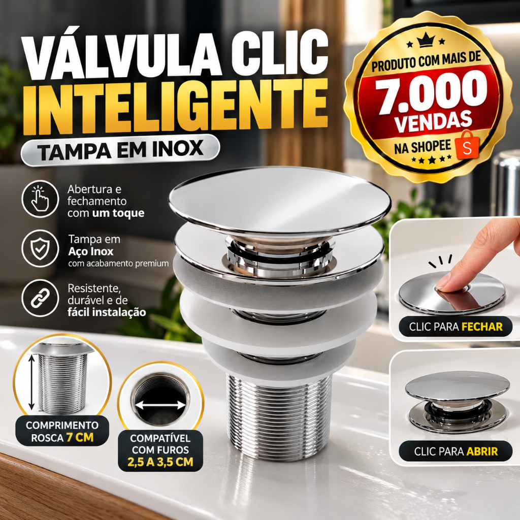 Válvula Click ABS Com Tampa Inox Para Cubas Porcelana e Vidro - Ralo click para cuba