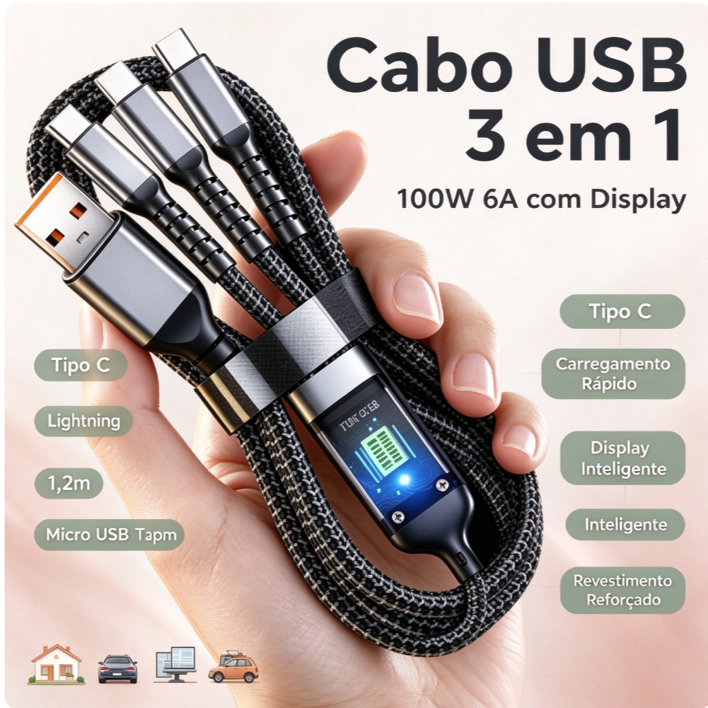 Cabo USB 3 em 1 100W 6A com Display Tipo C Lightning Micro USB para Carregamento Rápido