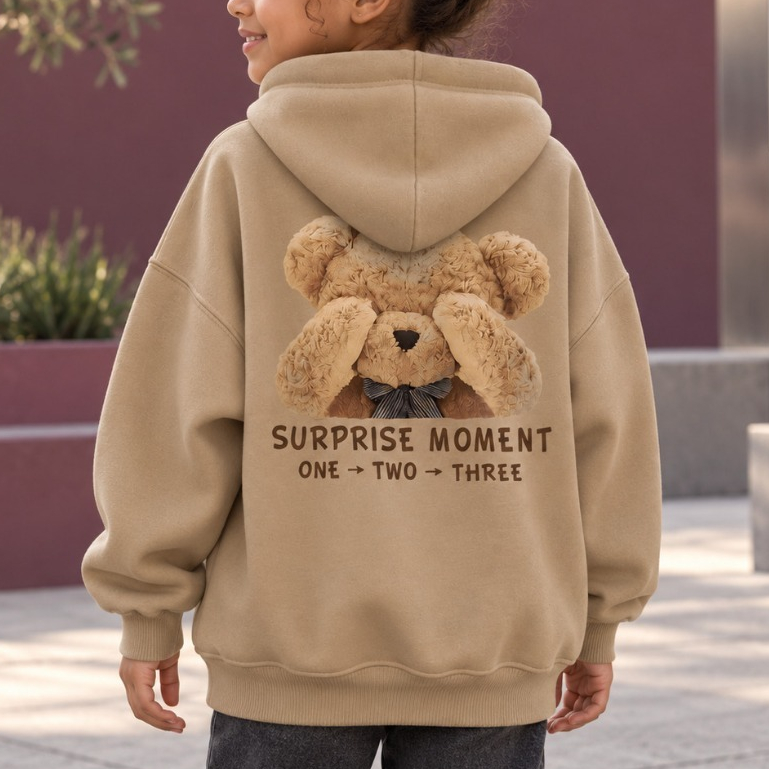 Moletom Canguru Infantil Feminino Ursinho Estampado Casual Inverno Confortável Quentinho Capuz Manga Longa Streetwear