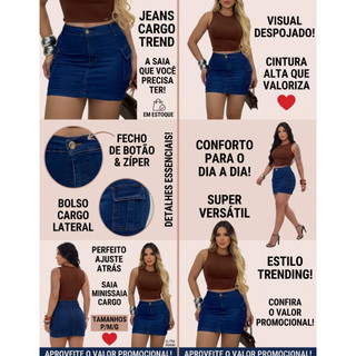 Saia Jeans Cargo Feminina Com Lycra Cintura Alta Bolsos Laterais Modeladora Curta Premium