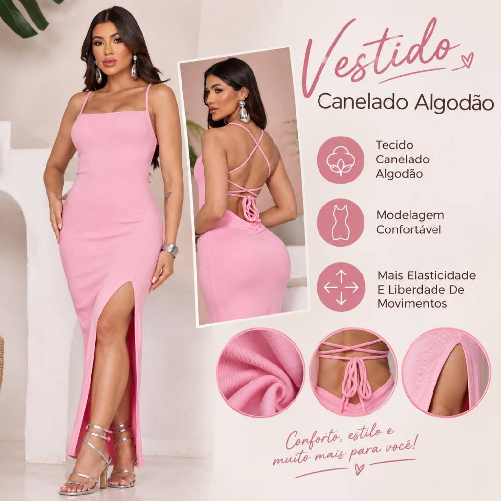 Vestido Midi Trançado Nas Costas Ribana Canelado Algodão Elastano Premium Feminino Elegante