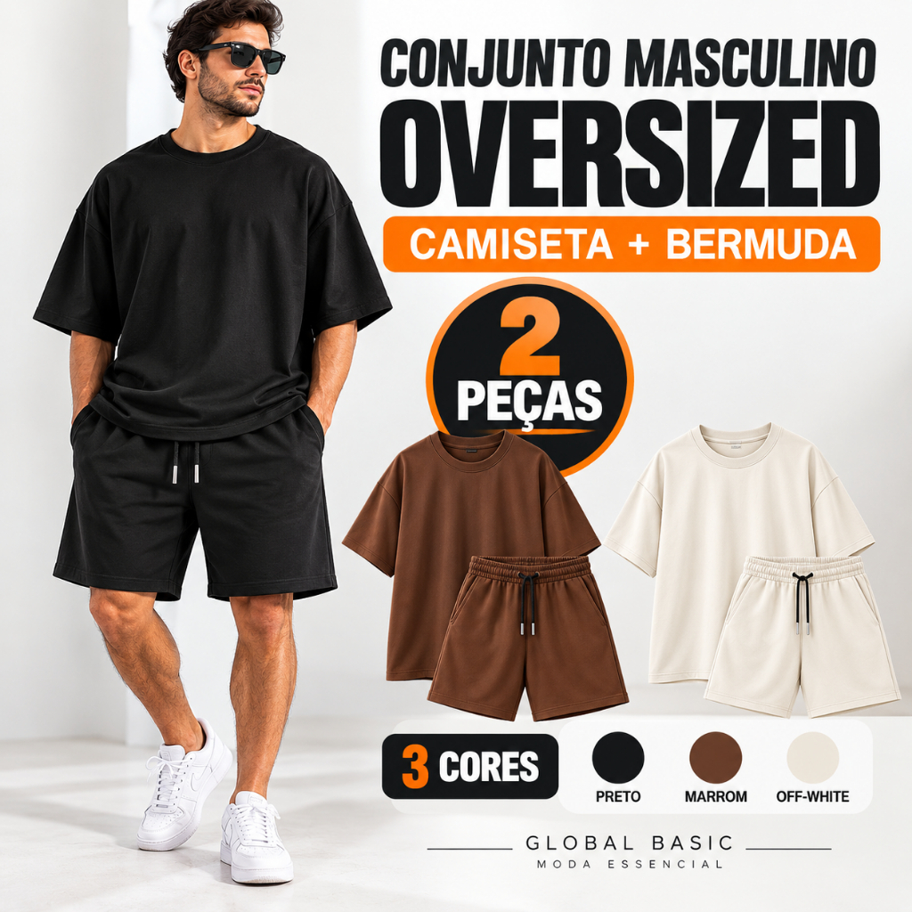 Conjunto Masculino Oversized Camiseta + Bermuda Suedine Streetwear Casual P ao GG