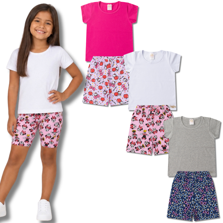 Conjunto Infantil Feminino Blusa Manga Curta e Short Estampado Juvenil Verão Escolar - Escolha a Cor