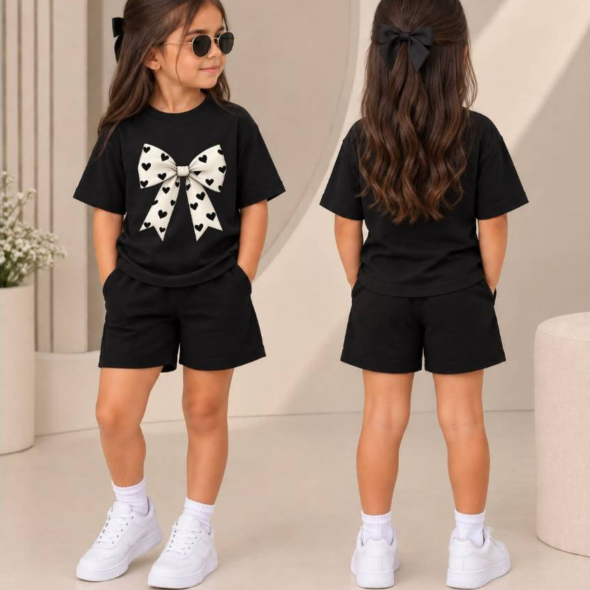 Passeio com Muito Estilo Conjunto Feminino Infantil com Camiseta com Estampa de Laço Fofo e Short de Moletom Confortável