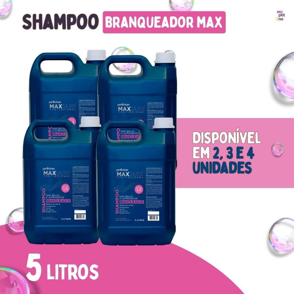 Shampoo Max Branqueador 5 Litros Cachorro Pet Clean Cães Gato Profissional 1,2,3 ou 4 Unidades