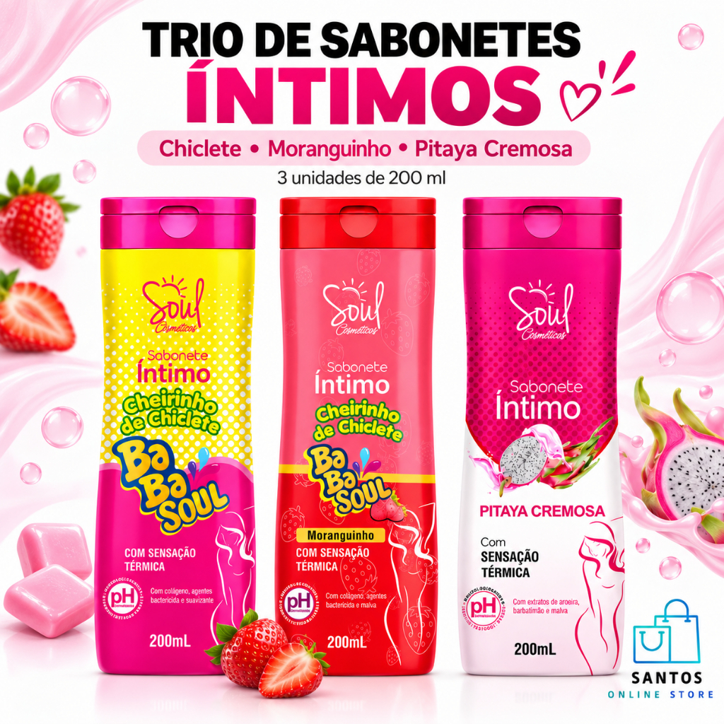 Kit 3 Sabonete Intimo Soul 200ml - Chiclete, Moranguinho e Pitaya Cremosa