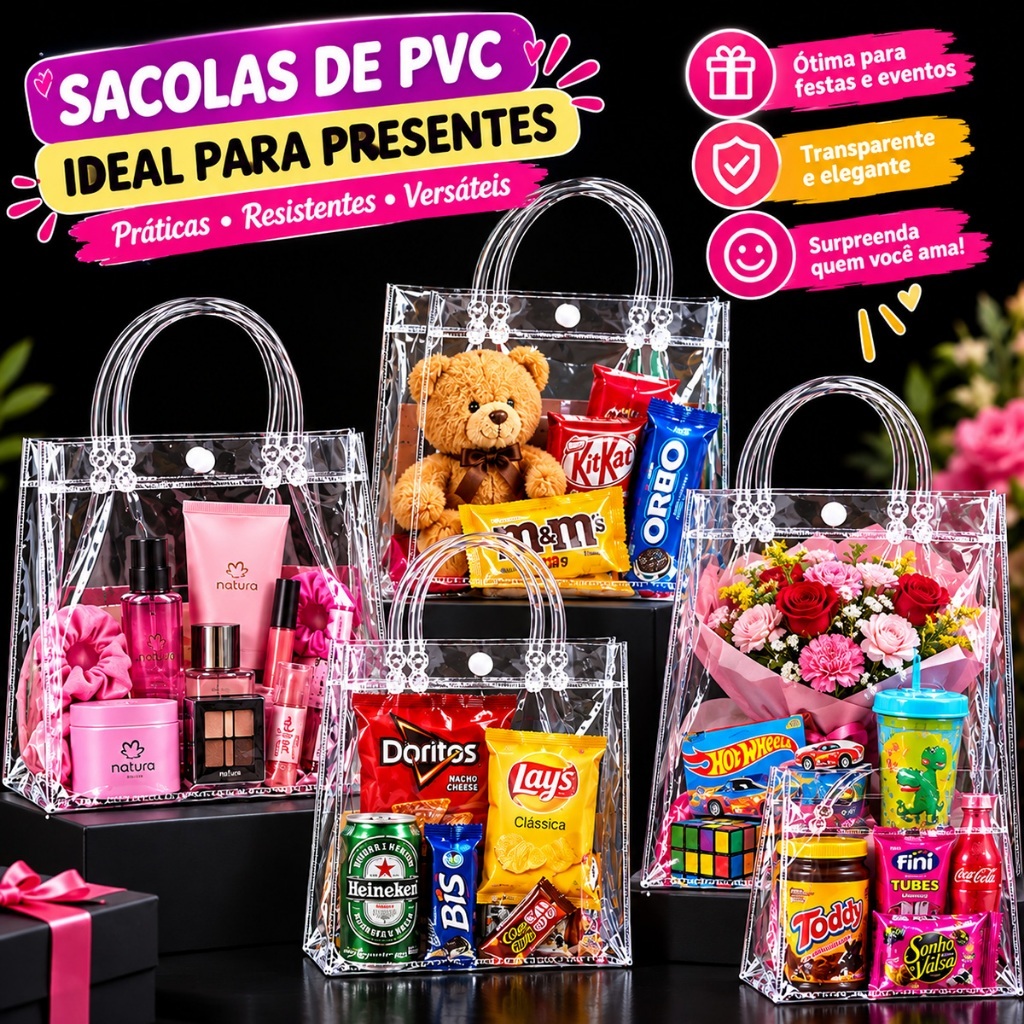 KIT 10/20/30/40/50 Sacolas de Presente PVC Transparente Reutilizáveis Para Festas e Lembrancinhas