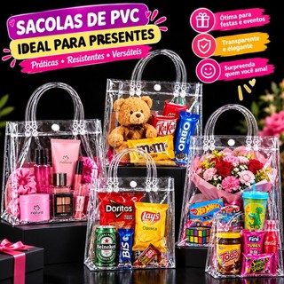 KIT 10/20/30/40/50 Sacolas de Presente PVC Transparente Reutilizáveis Para Festas e Lembrancinhas