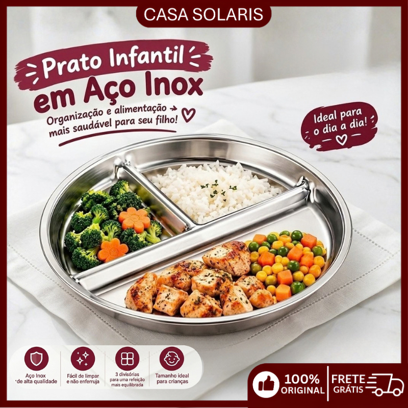 Prato de Aço Inox 3 Divisórias 24cm Infantil e Adulto Refeição Organizada Resistente Fácil de Limpar