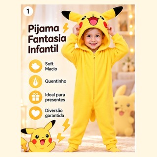 Pijama Pikachu Infantil Macacão Fantasia em Soft Quentinho com Capuz Menino e Menina