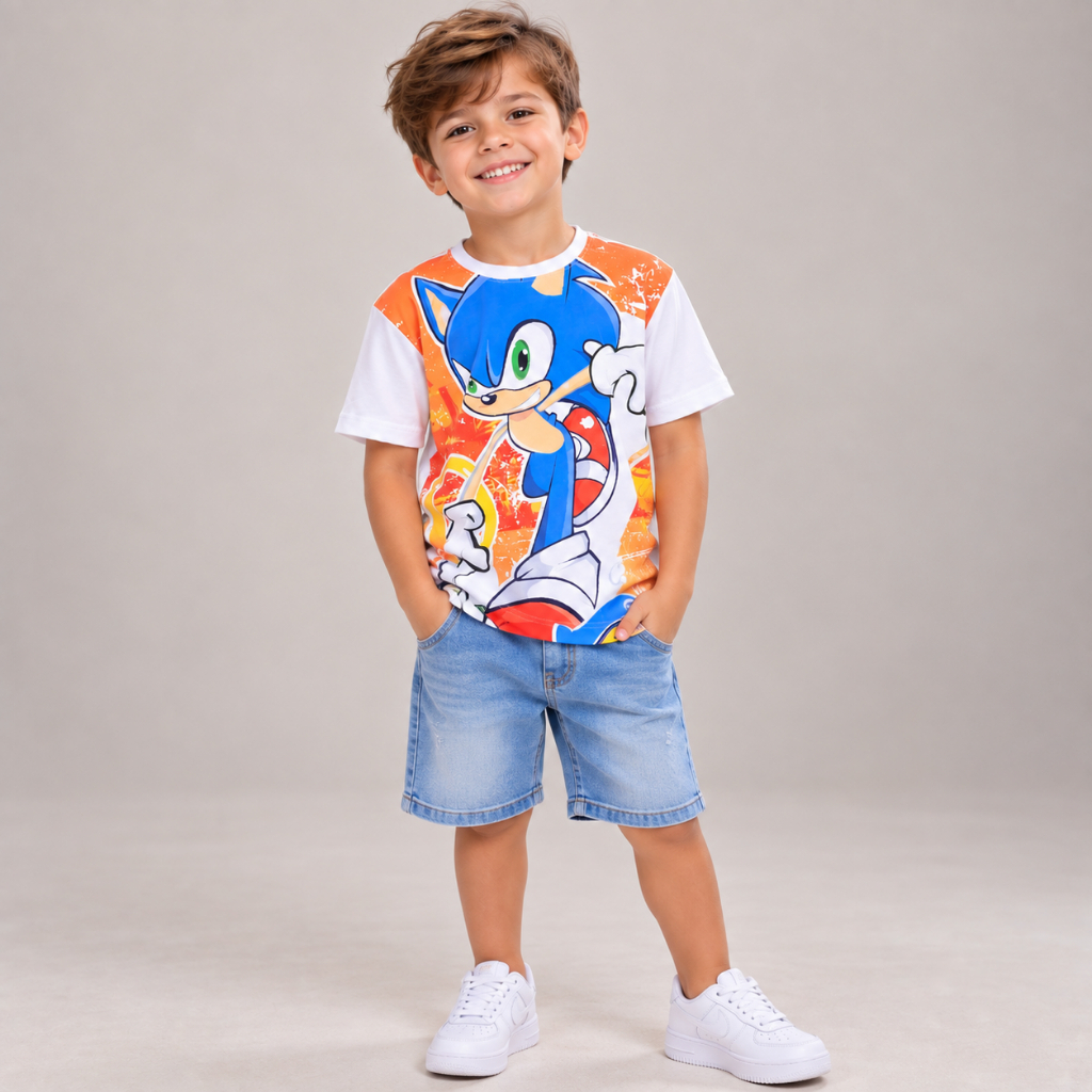 Camiseta Sonic Infantil Menino Estampada Manga Curta Confortável Poliéster com Elastano 4 ao 14