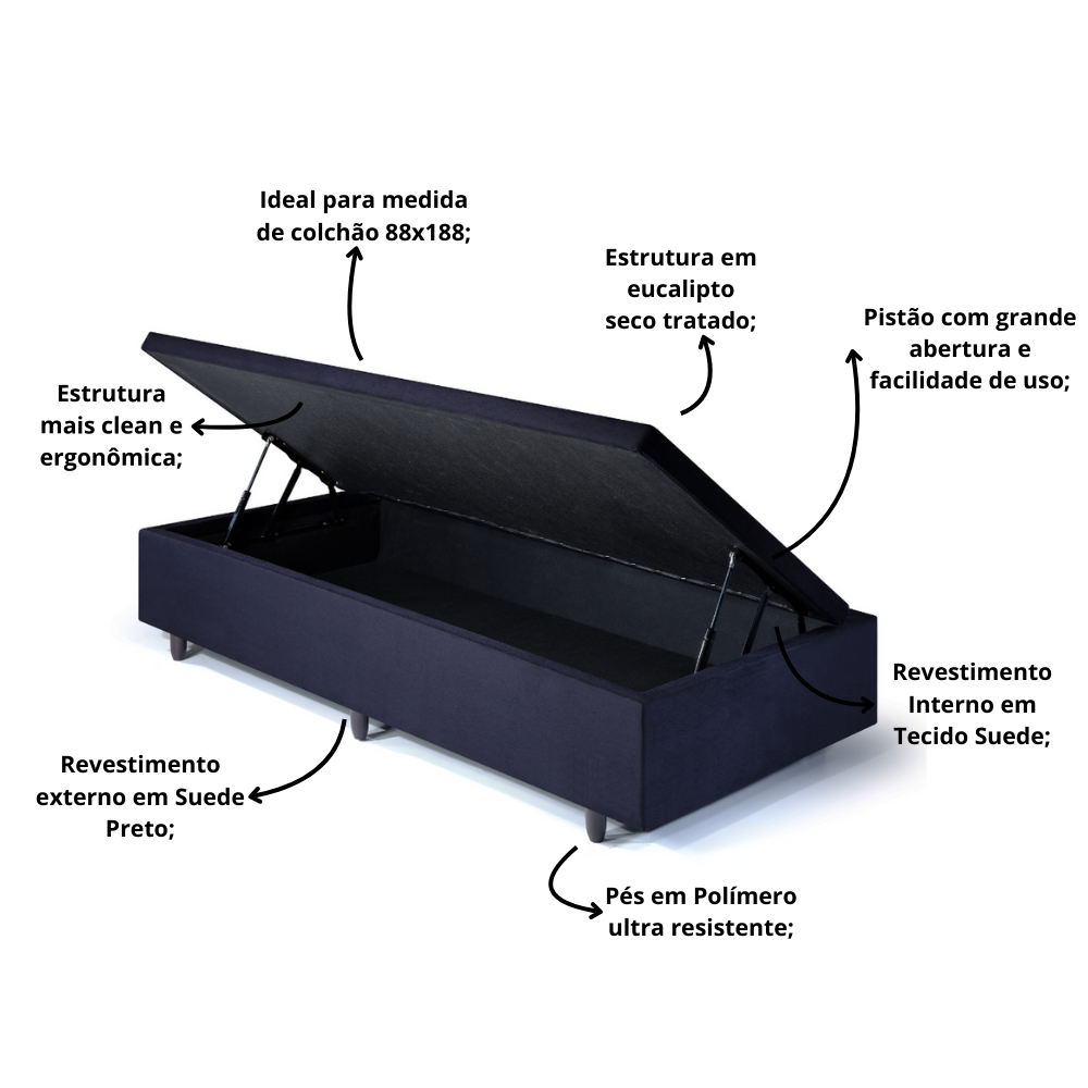 Base Box Baú Solteiro Suede Preto 88x188x34 cm · foto 2