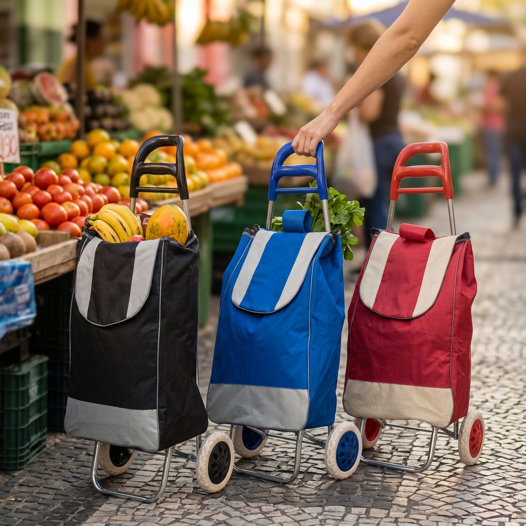Carrinho de Feira Dobrável com Bolsa Sacola Compras Rodas Grandes