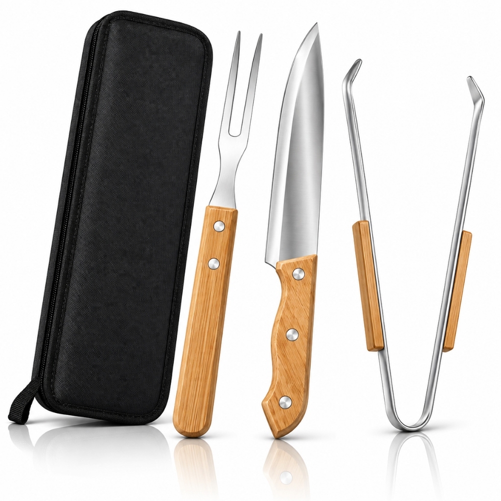 Kit Churrasco 4 Peças Aço Inox Faca Garfo Pegador Resistente + Estojo Portátil Para Churrasqueira
