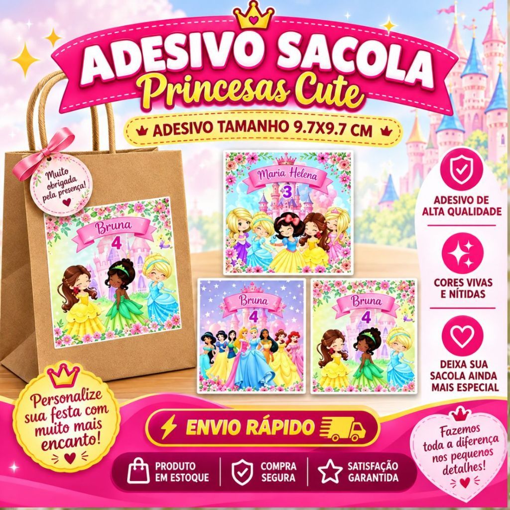 Rótulo Adesivo para Personalizar Sacolas Kraft /TNT- Adesivos Sacolas de Papel, Adesivos festas. PRINCESAS CUTE