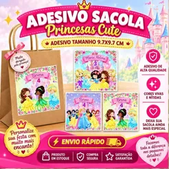 Rótulo Adesivo para Personalizar Sacolas Kraft /TNT- Adesivos Sacolas de Papel, Adesivos festas. PRINCESAS CUTE