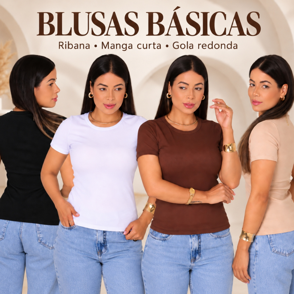 Blusa Feminina Ribana Canelada Baby Look Manga Curta Gola Redonda Básica Premium Casual Moda Feminina