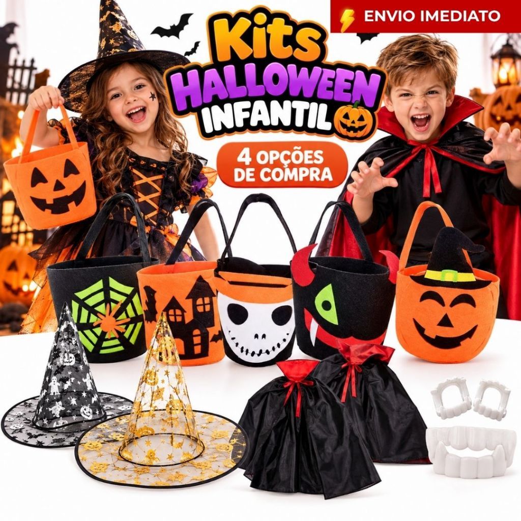 Kit Halloween Infantil Bolsa TNT 14cm Doces Capa Vampiro Dentadura Chapéu Bruxa Fantasia