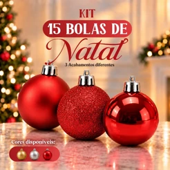 Kit 15 Bolas de Natal Vermelha Dourada Prata 4cm Fosca Glitter e Brilho Enfeite Árvore Casa Primo