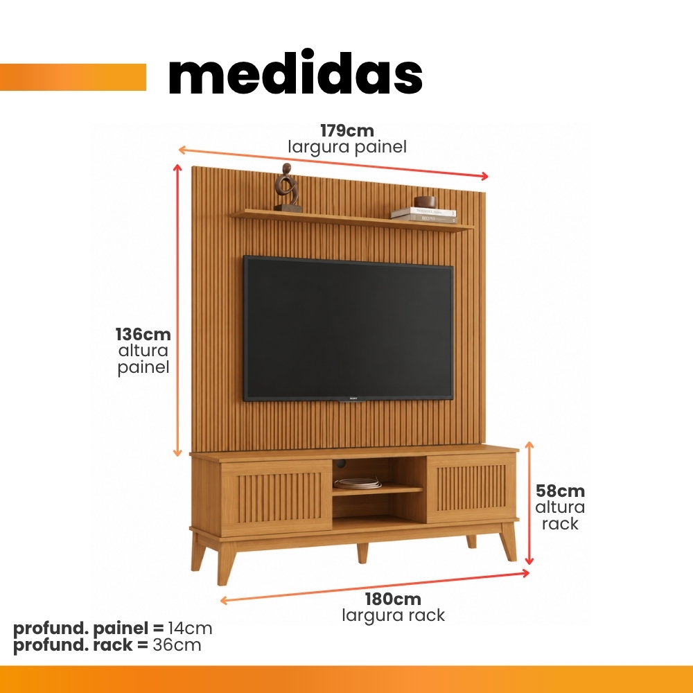 Rack Bancada King Com Painel Para TV Até 75 Polegadas 1,79m Avante Cedro Ripado Impressão 3D EDN · foto 2
