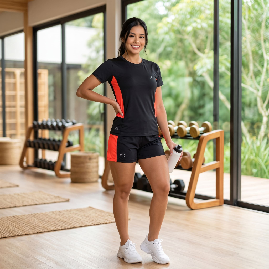 Conjunto de Academia Feminino Fitness Camiseta + Short Proteção UV Confortável