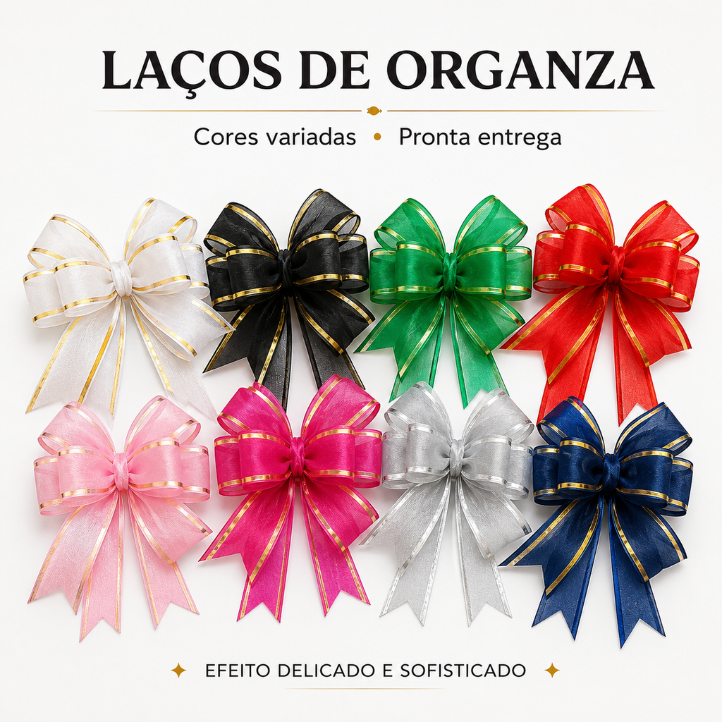 Laços Mágicos Decorativos de Organza 30mmX47cm Borda Dourada Kit 10 Unidades Casamentos Aniversários