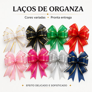 Laços Mágicos Decorativos de Organza 30mmX47cm Borda Dourada Kit 10 Unidades Casamentos Aniversários