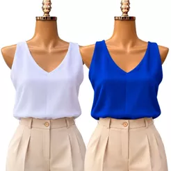 Blusa Regata Feminina Duplo Forro em Tecido Duna Lisa Básica com Alça Larga Grossa Confortável decote v