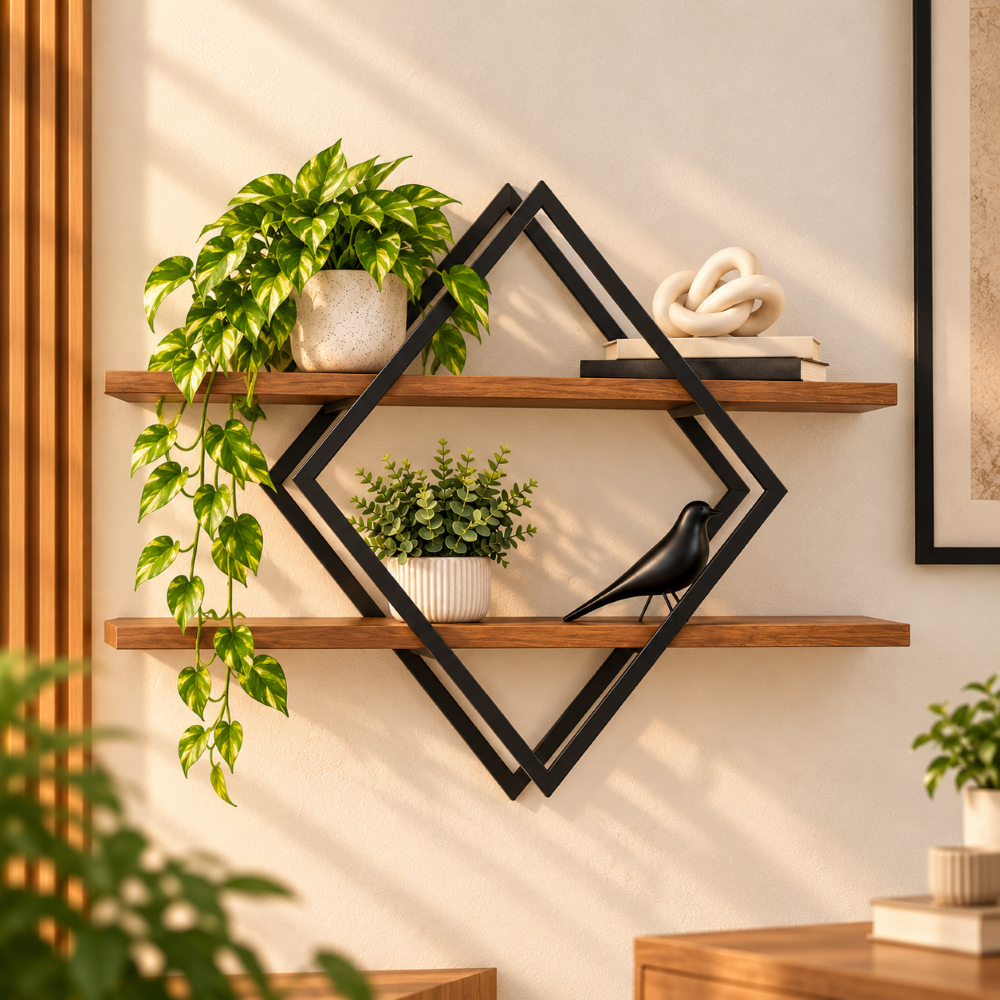 Nicho de Parede Industrial Ferro e Madeira 2 Prateleiras 60cm Decorativo Rubi