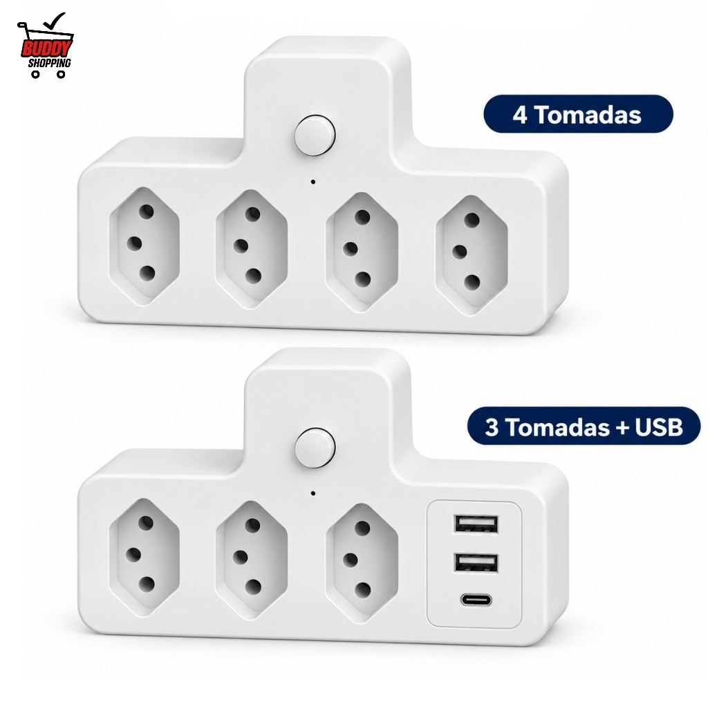 Adaptador de Tomada Benjamin Knup 10A com Interruptor Branco 4 Tomadas ou 3 Tomadas com USB e USB-C